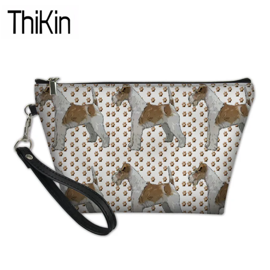 

THIKIN Women's Cosmetic Cases for Travel Organizer Wash Kit Bags Fox Terrier Printing Make Up Bag Ladies PU Leather Cosmetic Bag