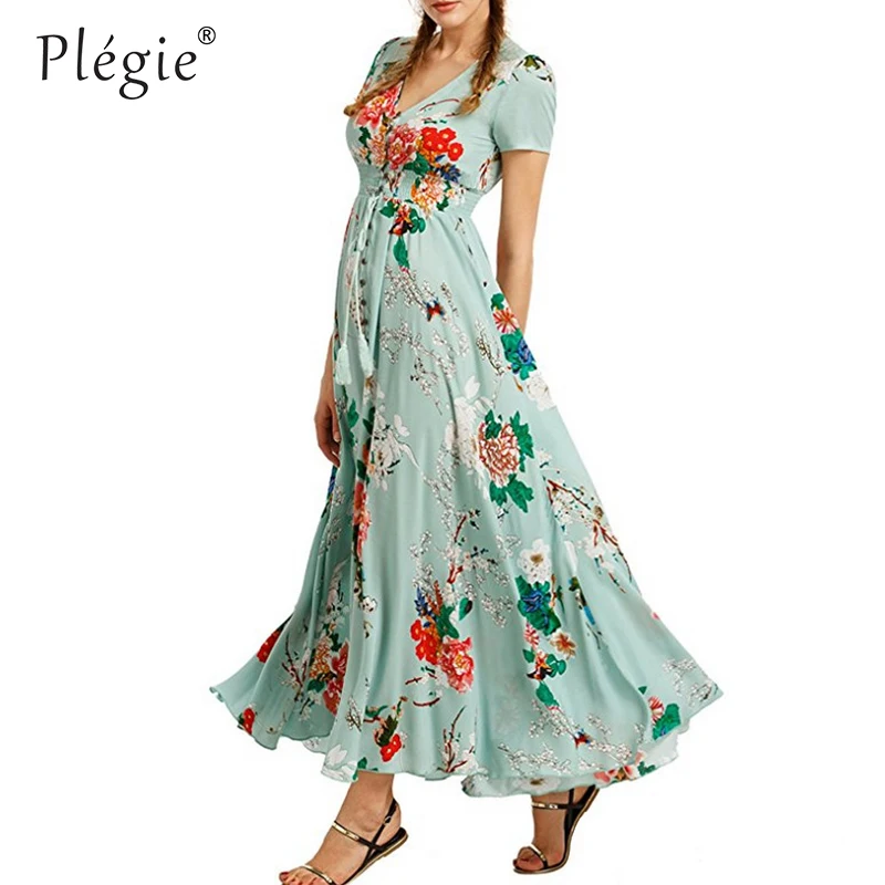 

Plegie Boho Summer Dress Women 2018 Maxi Sundress Short Sleeve Button Up Split Floral Print Evening Party Dresses Vestidos