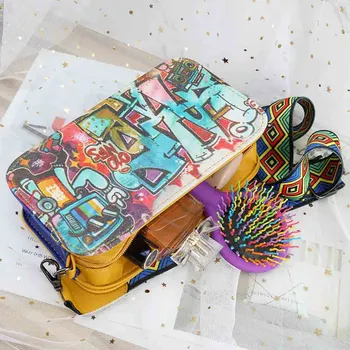 

New Arrival 7 Colors Women's shoulder bag Letter Graffiti printing bag PU Leather Wide shoulder strap Small square bag