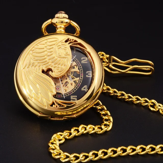Retro Gold Semi-hollow Phoenix Wings Carving Case Men Hand Wind Necklace Fob Clo Retro Gold Semi-hollow Phoenix Wings Carving Case Men Hand Wind Necklace Fob Clo