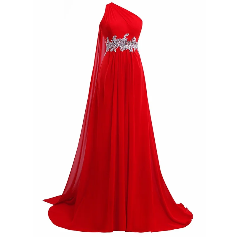 

KapokBanyan Real Photo Red Chiifon One Shoulder A Line Prom Dress 2017 Simple Backless Long Party Prom Gowns with Crystal Sashes