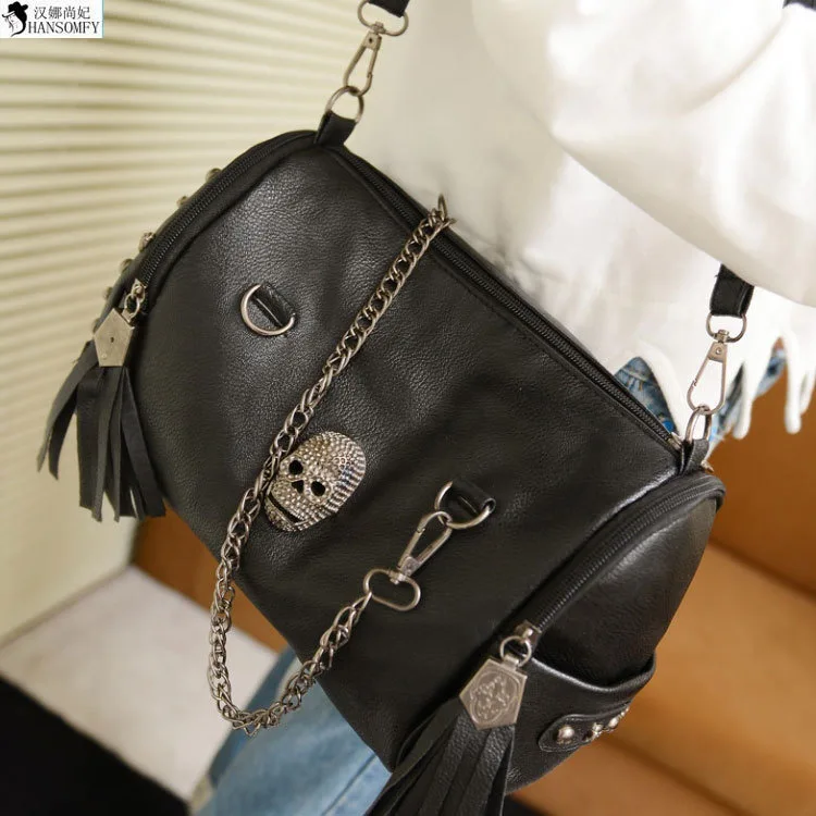HANSOMFY 2015 Autumn Fashion Handbag Skull Diamond Rivet Fringed Bag Handbag Shoulder Satchel