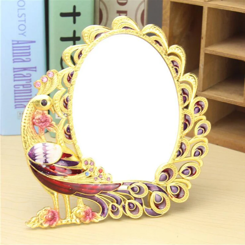 

Russian ethnic style makeup mirror folding table portable handle retro peacock tin copper Beauty makeup compact pocket mirror