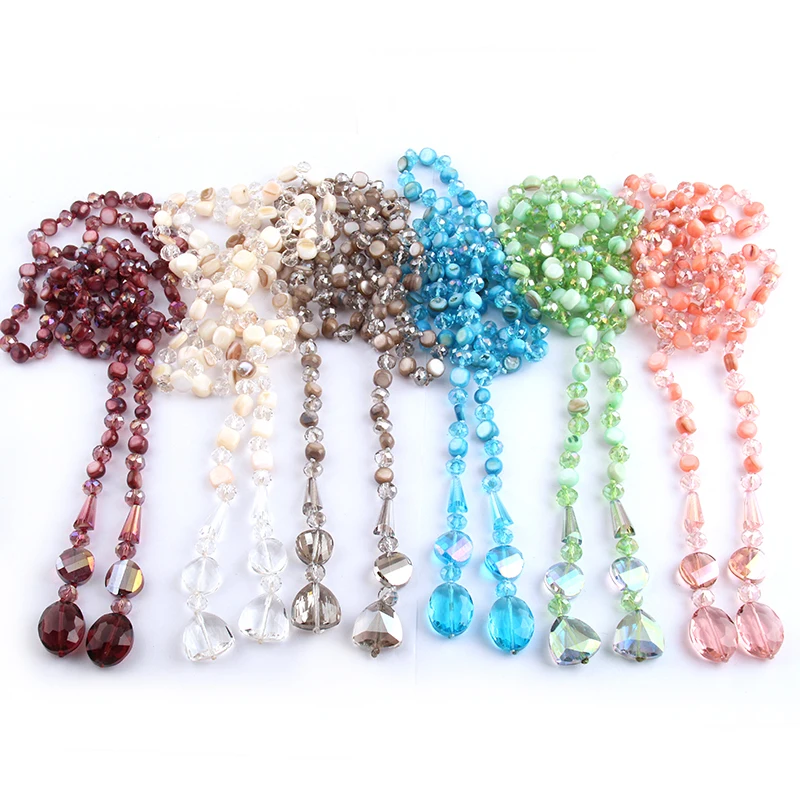 

Free Shipping Fashio Long Knotted Halsband Gray Color Crystal and Shell Pendant Necklace