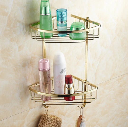 Top quality brass gold double tiers bathroom Corner shelves with robe