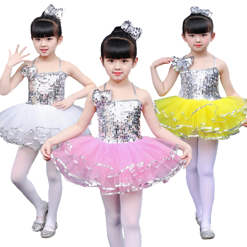 

Girls Jazz Modern Dancing Costumes White Yellow Pink Sequins Top Girls Dance Kids Ballerina Dress Silver Dance Wear Child