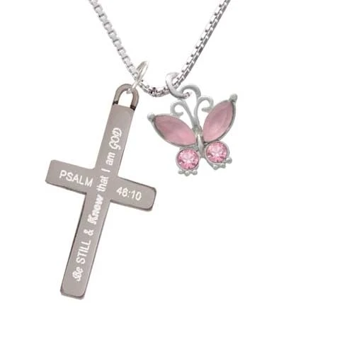Butterfly with Pink Wings & Pink Crystals - Be Still and Know - Cross Necklace (1)