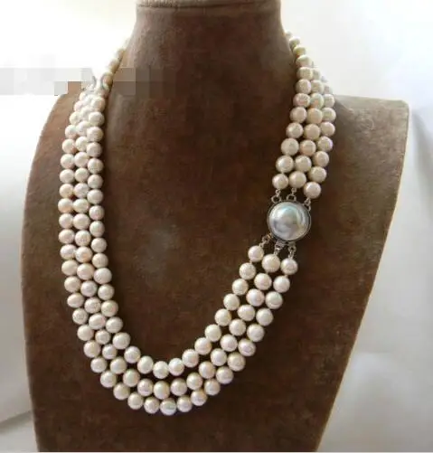 

Free shipping hot sale Women Bridal Wedding Jewelry >>3Strands 21'' 9mm White Round Freshwater Pearl Mabe clasp Necklace
