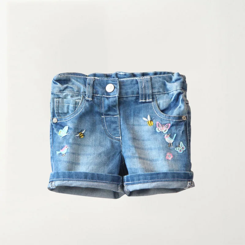 Girl Butterfly Embroidery Jeans Shorts Elatic Buttons Kids Butterfly