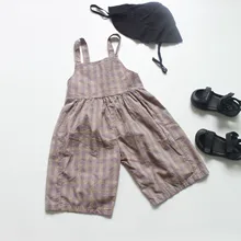 Летний клетчатый комбинезон унисекс в Корейском стиле для детей, тонкие брюки для детей, подтяжки для девочки, штаны до середины икры