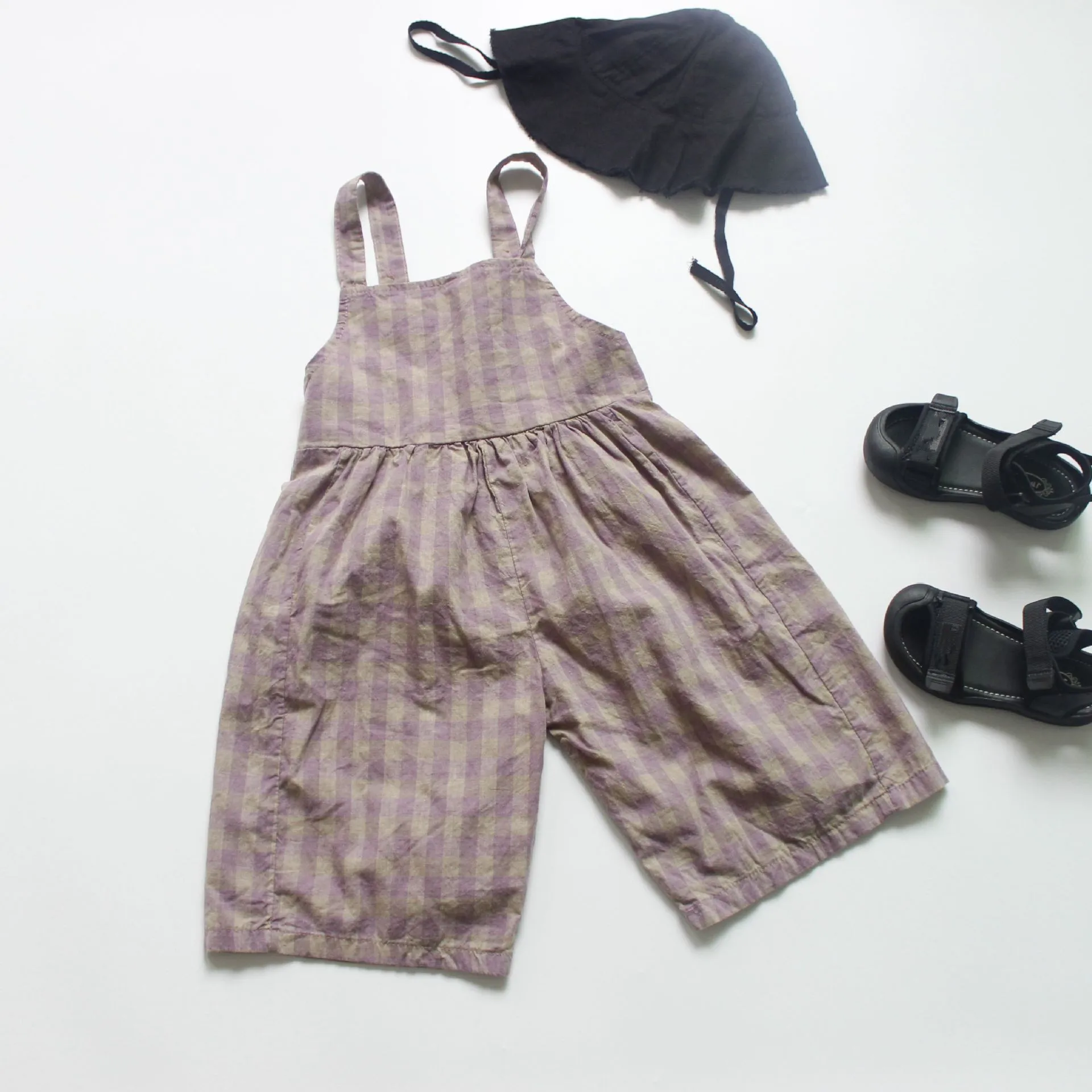 

Summer New Korean Style Unisex Kids Plaid Overalls Children Thin Trousers Baby Boys Girls Braces Calf-length Pants