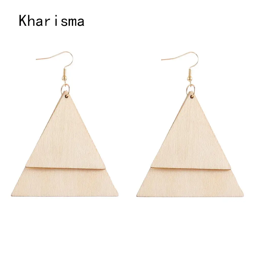 

KHARISMA 2019 Fashion Jewelry Ethnic Beige Double layer Triangle Geometric Leaf Wooden Dangle Pendant Drop Earrings For Women