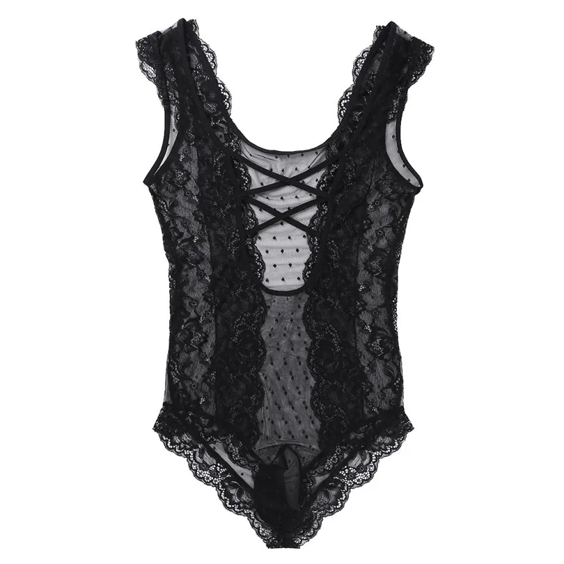 iEFiEL Mens Crossdress Lingerie Sissy Floral Lace Polka Dots Bodysuit Jumpsuit Nightwear Sleepwear See Through Mesh Underwear -
