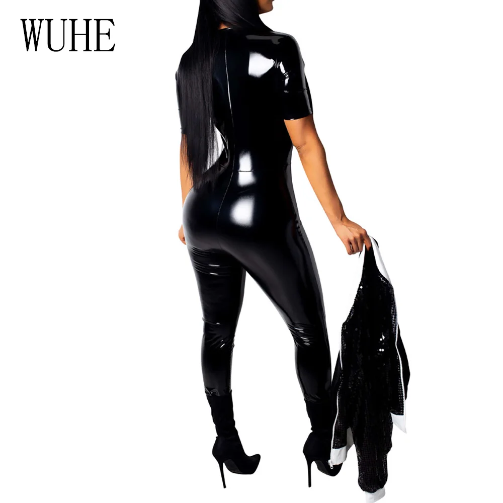 WUHE Sexy PU Leather Bodycon Bandage Jumpsuit Women Deep V Neck Autumn Winter Rompers Overalls Elegant Party Bodysuits Playsuits