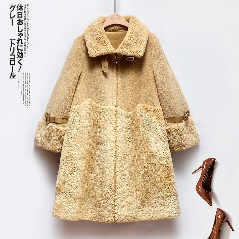 Женское пальто с натуральным мехом длинное зимнее из овечьей шерсти куртка