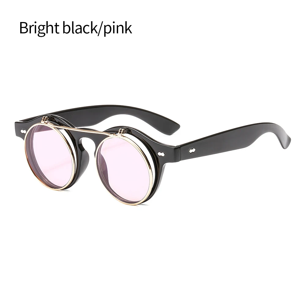 Стимпанк Солнцезащитные очки для женщин и мужчин ретро очки круглые очки Флип-ап очки шов Панк Винтаж клип на Oculos de sol - Цвет линз: Pink