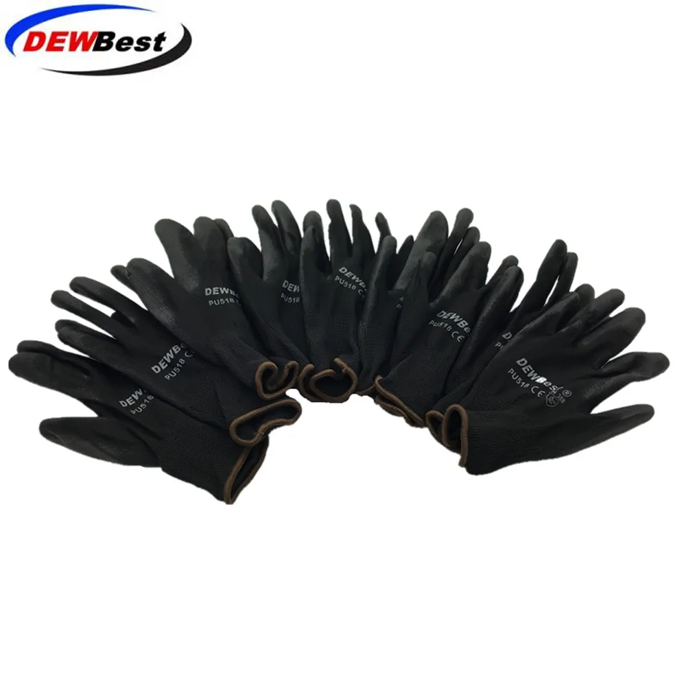 

DEWBest New Arrival 12 Pairs Black Nylon PU Safety Work Gloves Builders Grip For Palm Coating and Coated Finge Gloves