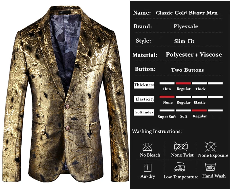 Золотой Блейзер, приталенный мужской пиджак Abiti Uomo, свадебные блейзеры с одиночной пуговицей для мужчин, стильный пиджак 5XL EM038