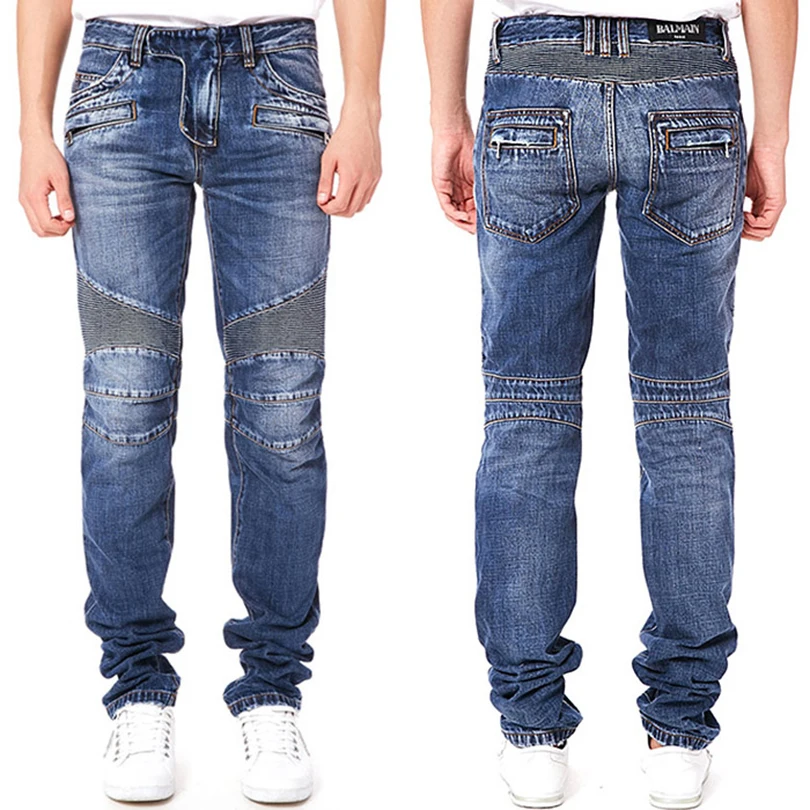 

PARIS FASHION BAROQUE Designer Jean Men's Pock Zip Dark Patchwork Wash Stonewashed Patchwork Denim Pants Jean