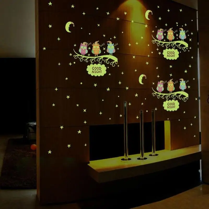 luminous owl moon wall sticker fluorescent kids room bedroom vinyl