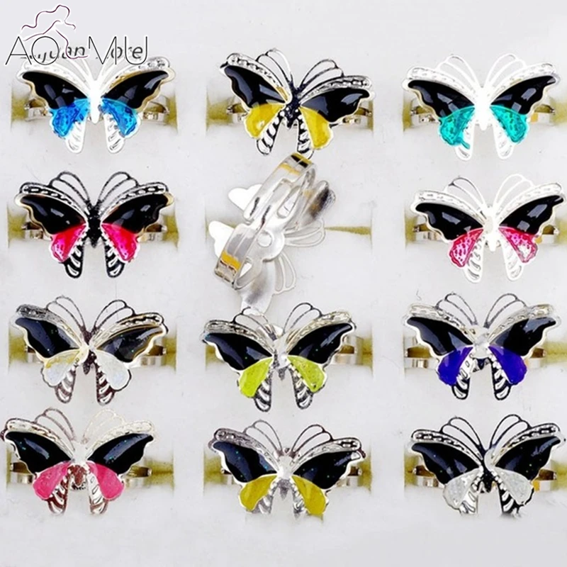 

AOMU Wholesale 10pcs/Lot Mixed Color Butterfly Shape Mood Ring Emotion Feeling Color Change Adjustable Rings for Women Girl