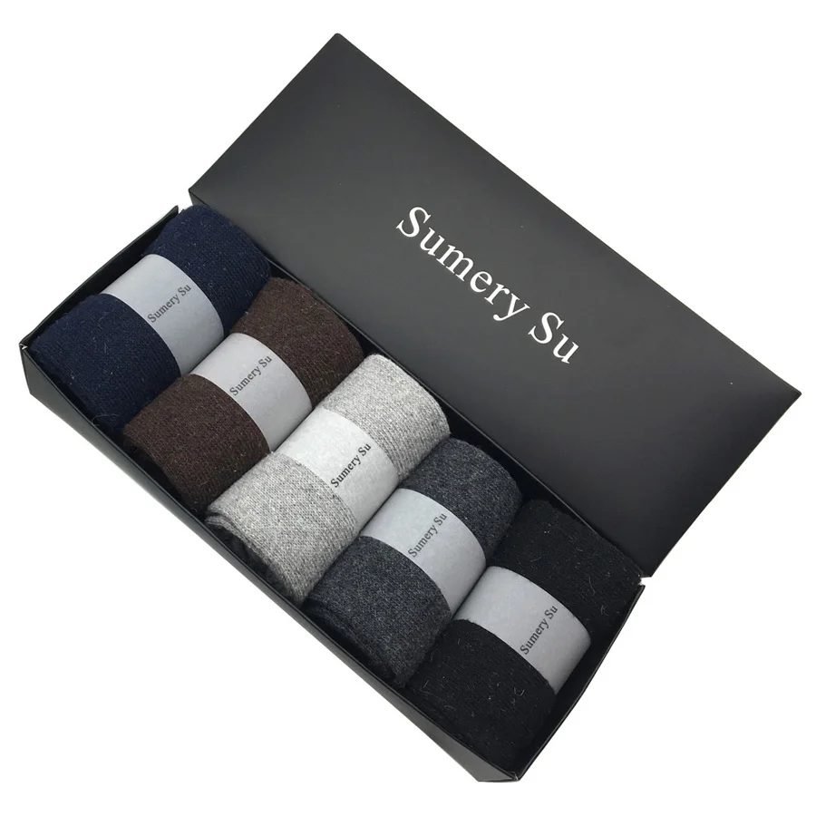 5 пар/партия, новые шерстяные мужские и женские носки, брендовые модные зимние теплые кашемировые носки, дышащие однотонные мужские носки Meias, милый подарок - Цвет: Pack with Gift Box