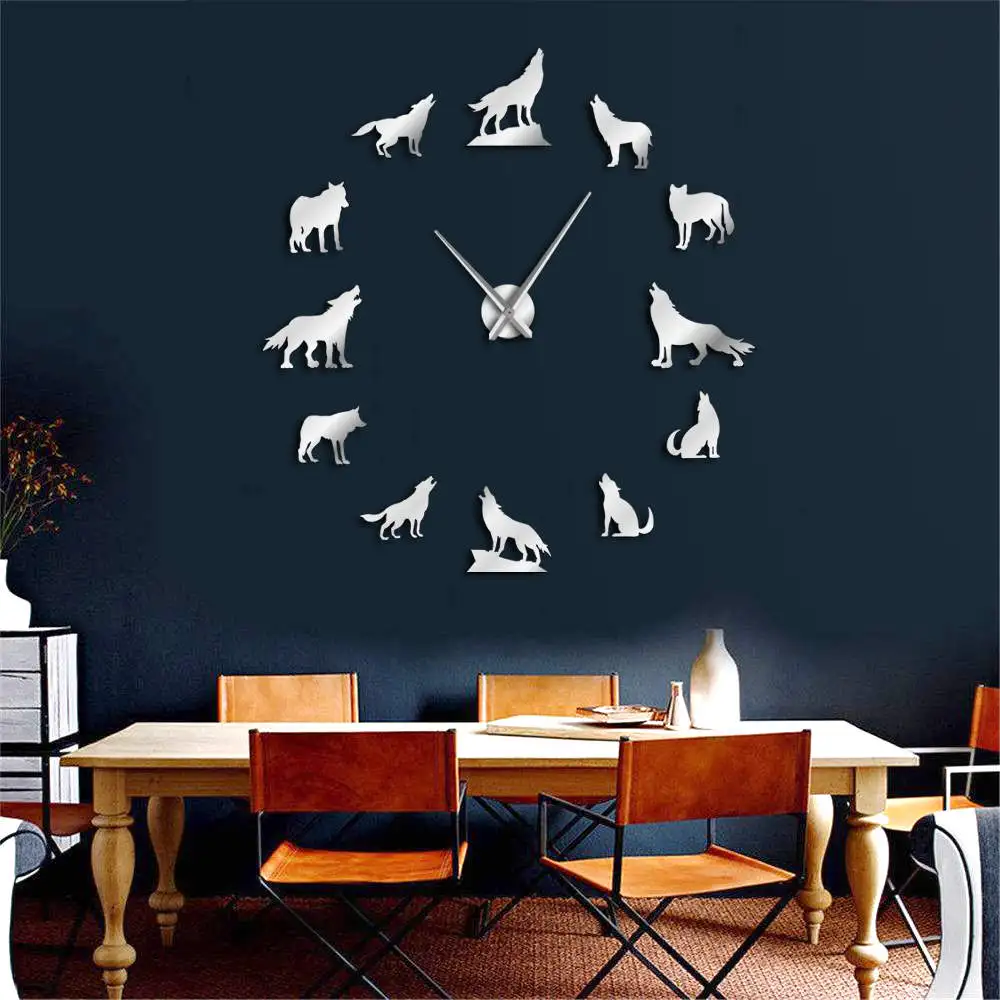 

1Piece DIY Howling Wolf Large Wall Clock Modern Design Different Wolf Pose Home Decor Frameless Giant Wall Watch Wolf Lover Gift