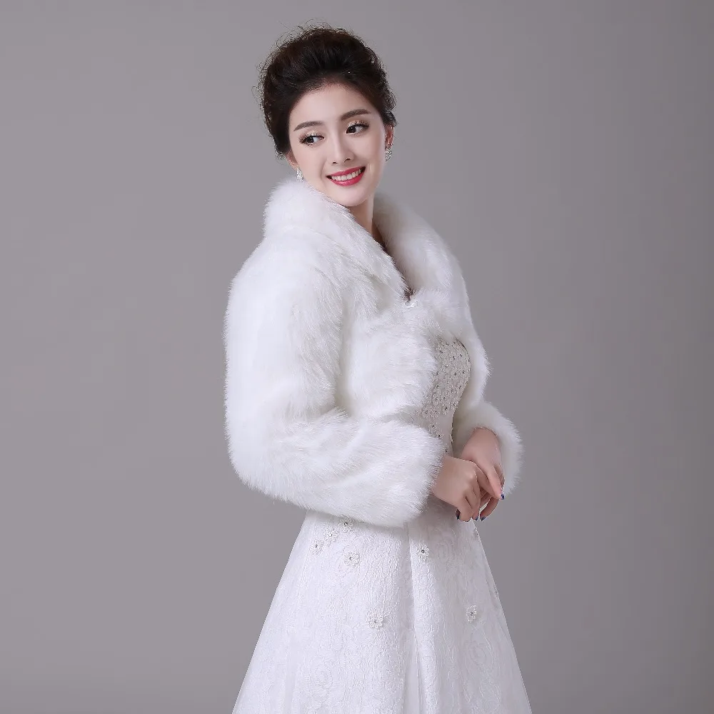 Walk Beside You Real Photos White Faux Fur Long Sleeves Wedding Jacket Bridal Bolero Party Wrap Customize