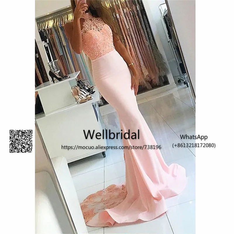 New Style Mermaid Halter Sweep Train Pink Long Prom Dress with Lace ps