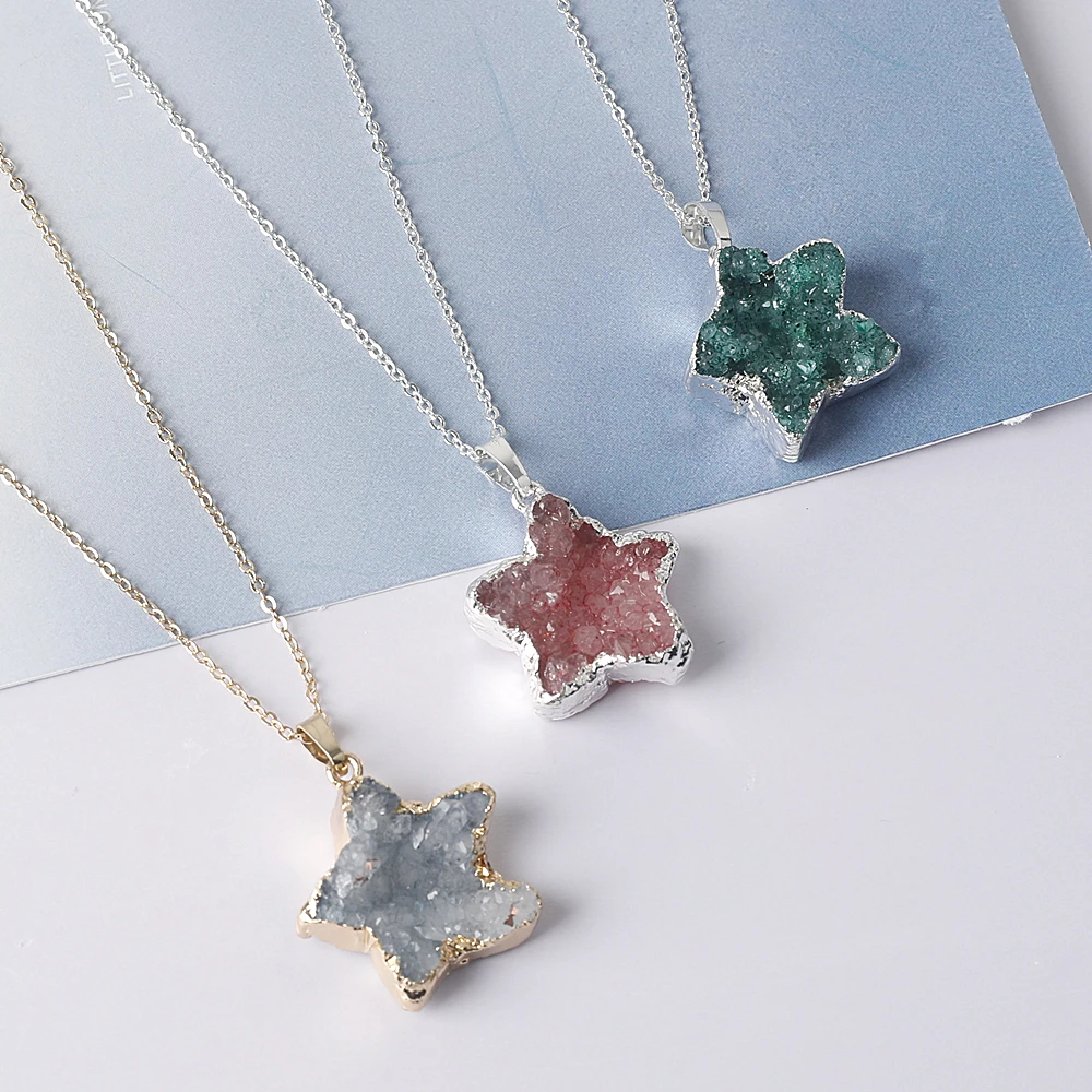 

1PCS Star Shape Pendulum Natural Druzy Crystal Quartz Pendant Stone Plating Silver Women For Jewelry Making