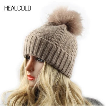 

Winter Mink Fur Caps Hats For Women Real Raccoon Fur Ball Beanies Wool Cashmere Knitted Skullies