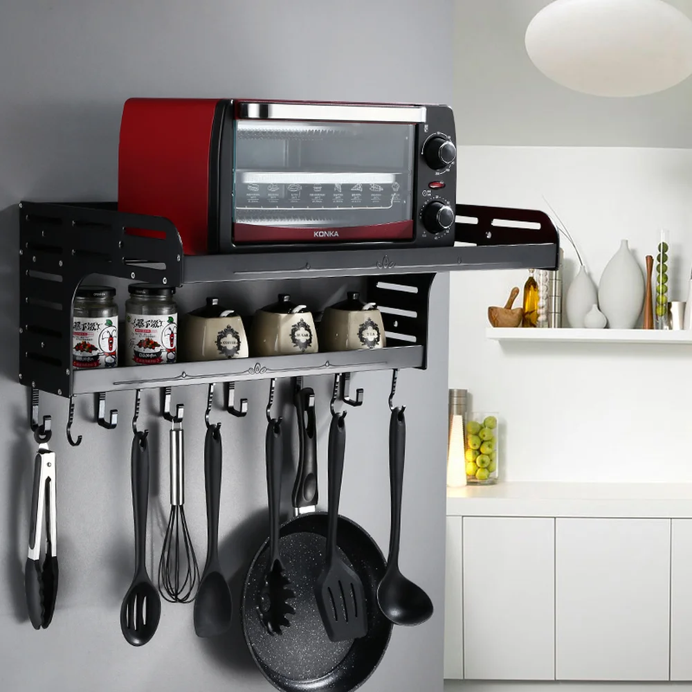  Black Space Aluminum Kitchen Rack Perforated Wall Mount Microwave Oven Rack Seasoning Storage Rack  - 32913244684