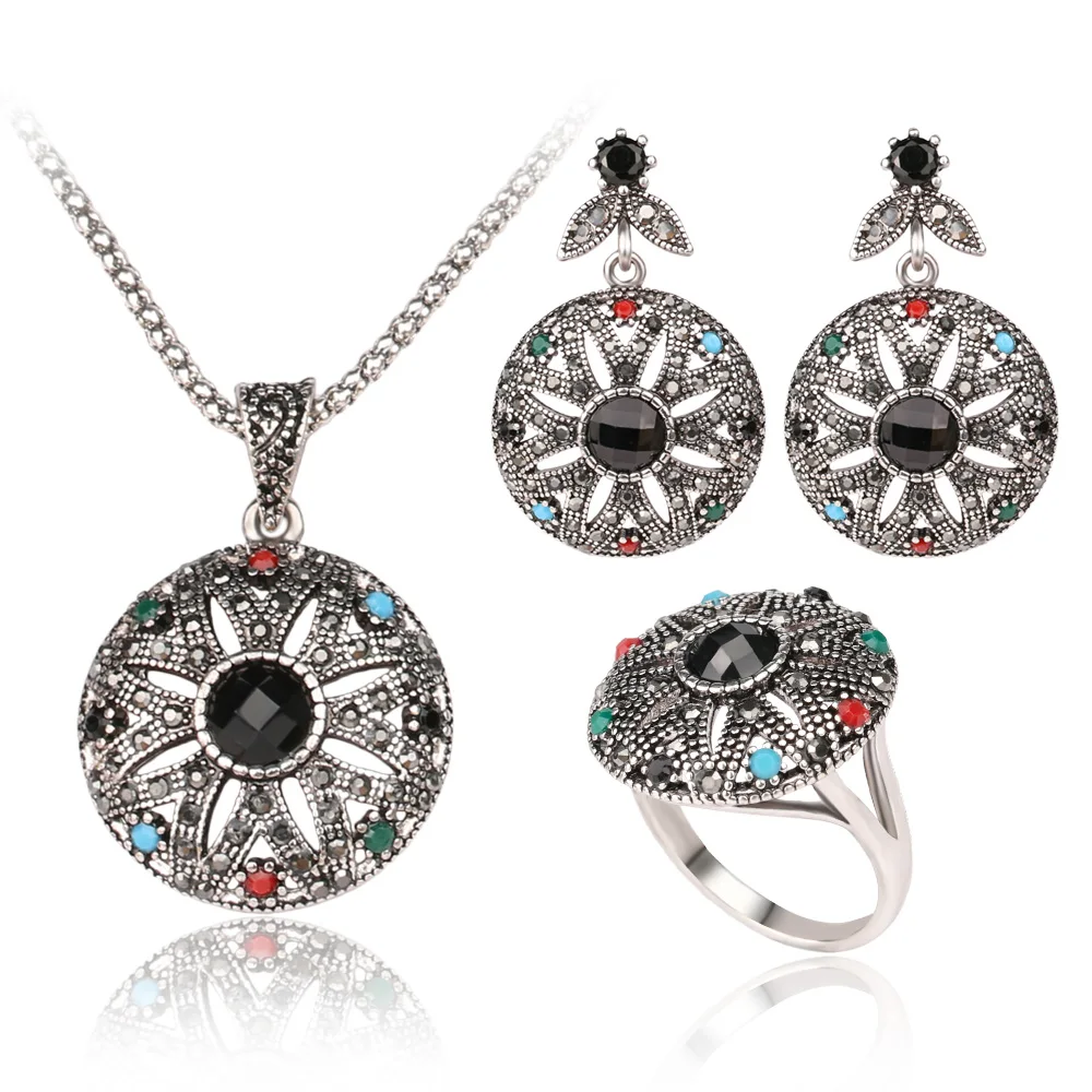 

Top Quality Black Resin Crystal Ancient Silver Plated Round Necklace Earring Ring Jewelry Set Austrian Crystals Made Love Gift