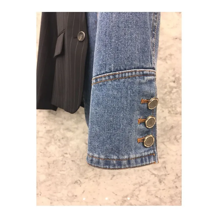 2018 Autumn Long Sleeve Women Denim Jacket Casual Jeans Patchwork Coat Asymmetrical  Top Lady Striped Coat