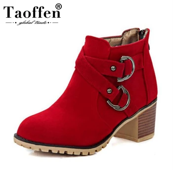 

TAOFFEN Plus Size 34-45 Women Ankle Boots Buckle Add Plush Platform Square High Heels Shoes Woman Autumn Winter Snow Boots Shoes