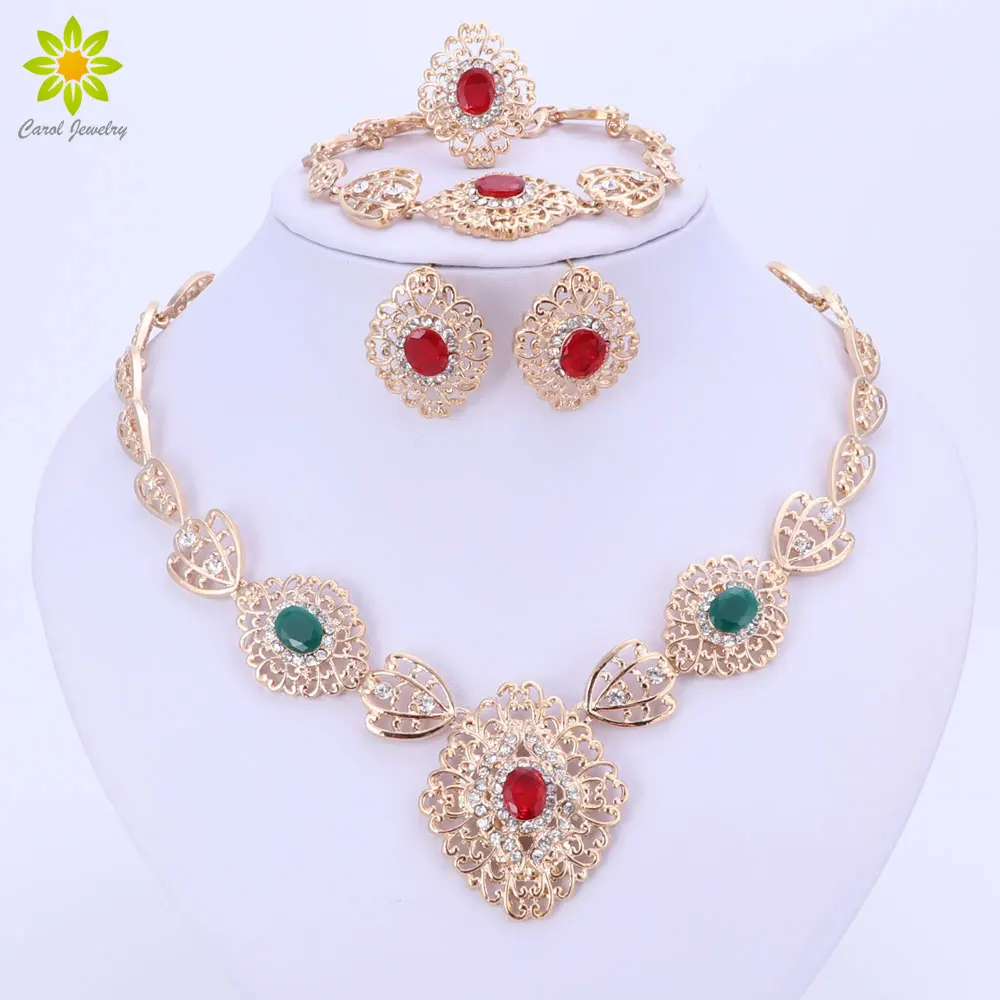 

Women Gold Color Jewelry Set Costume Crystal Necklace Earrings Bracelet Ring Wedding Accessories African Beads