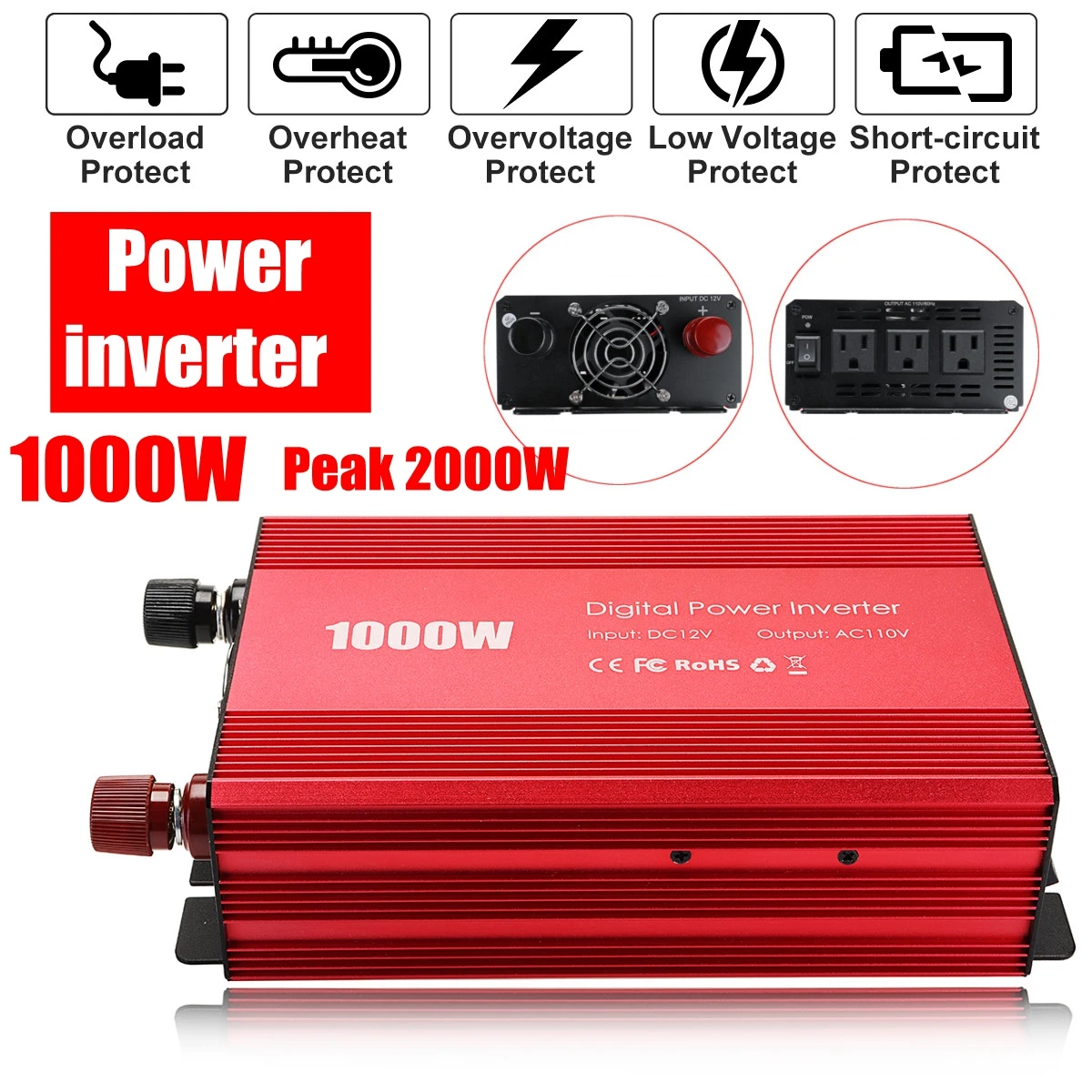 

Inverter 12V to 110V 1000W 2000W Peaks Car Power Inverter Voltage Transformer Converter Charger Solar Inversor 12V 220V