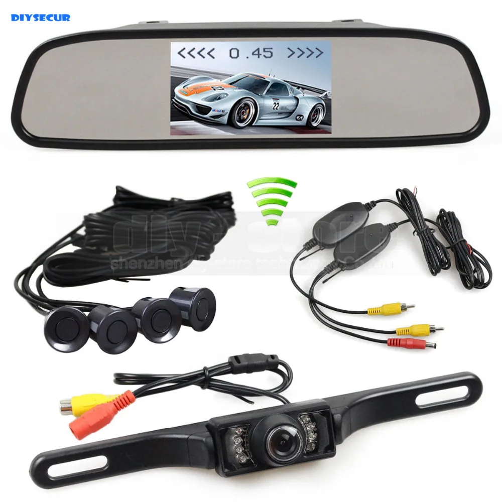 DIYSECUR Wireless Video Parking Radar 4 Sensors 4.3inch Car Monitor