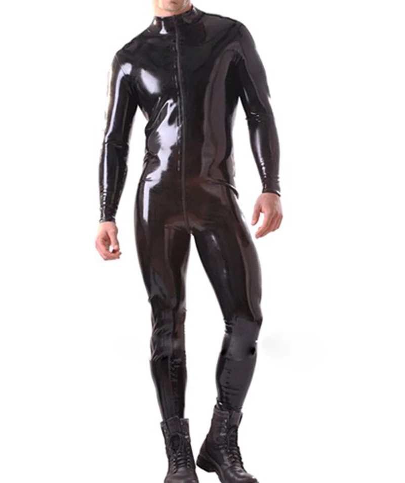 Black fetish men latex catsuit with front zipper fetish rubber jumpsuit plus size wet look Jumpsuit Customize service