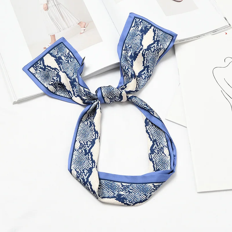 Роскошный шарф для волос с клевером, 9,5x98 см, обтягивающий шарф, шелковый галстук на шею, винтажный женский атласный элегантный Леопардовый шарф, весна-осень - Цвет: Serpentine Blue Edge