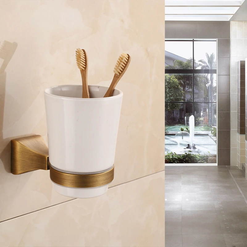 Antique Square Solid Brass ToothBrush Holder with Ceramic Cup European