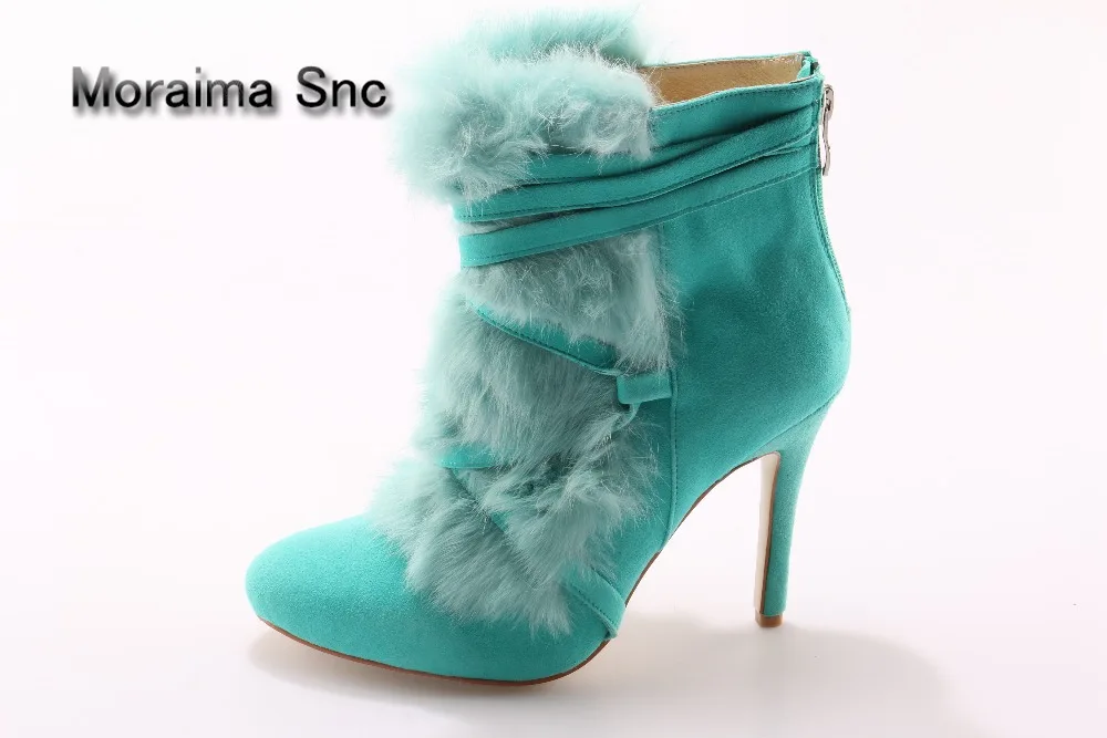 

Moraima Snc Runway high heel shoes pointed toe high quality green fur ankle boots woman lace-up high heels short boots ladies