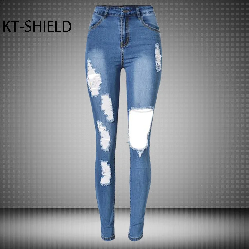fashion Jeans women High waist Slim Pencil Female pants Elastic skinny ripped holes Denim trousers boyfriend