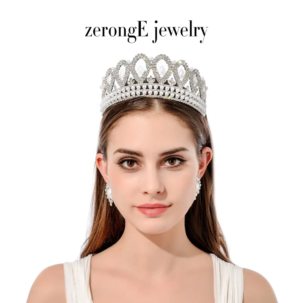 

zerongE jewelry 2.6inch Vintage Pearl bridal /wedding tiara Crowns+ earring Wedding Hair accesories jewelry tiara crown