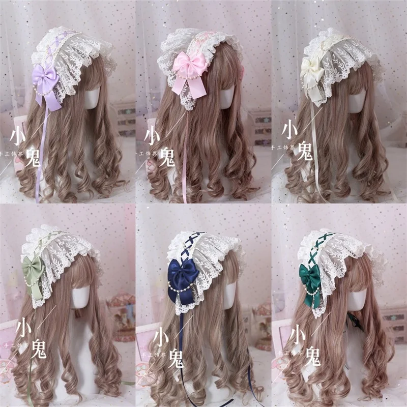 

10 Color Annie's breakfast Cosplay Sweet Lolita Handmade Lolita Bonnet Lace Bowknot Pearl Chain Princess Women's Retro Headwear