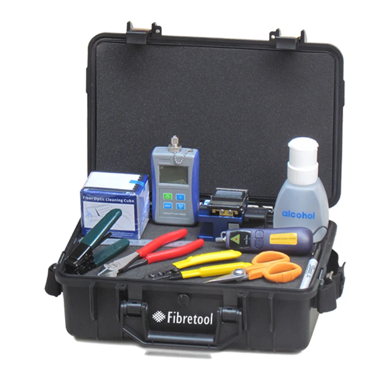 

fiber optic ftth tool kit, include optical power meter, vfl, cleaver, laser source, cleaning box, cleaner pen, microscope