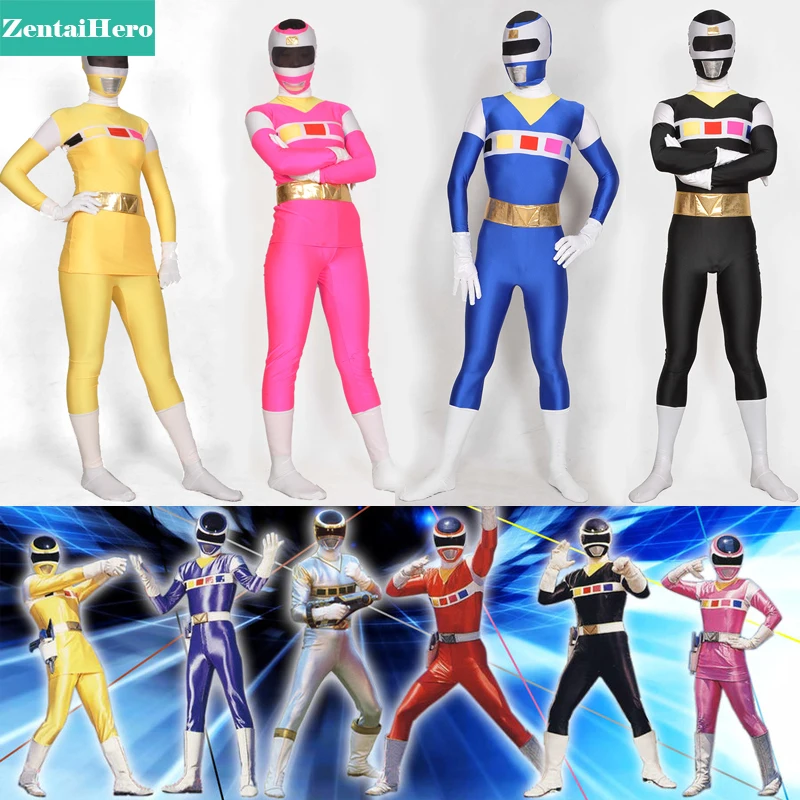 Взрослых denji Сентай megaranger костюм супергероя лайкра Хэллоуин Zentai боди костюм 6 цветов C200