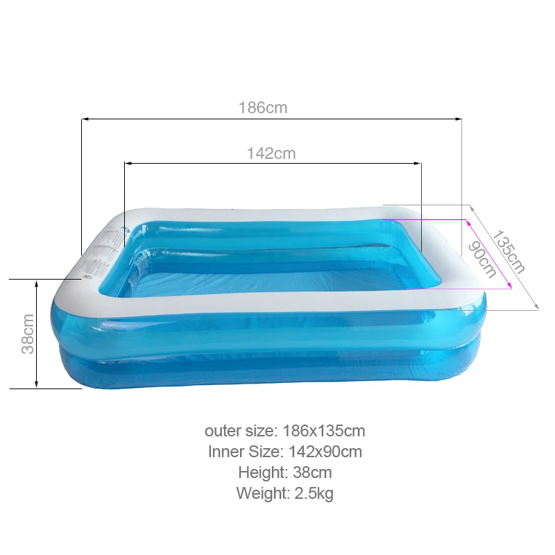 Piscina inflável azul transparente, 186*135*38cm acima do