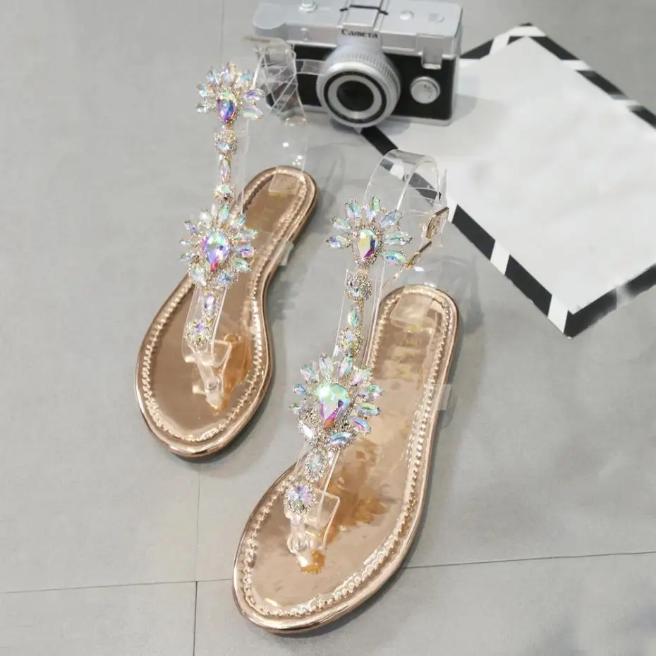 

Woman Sandals Rhinestones Chains T-strap Comfortable Flat Crystal Sandals lady Sandals Summer Shoes Women Open Toe scarpe donna