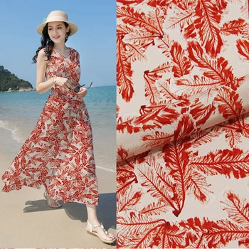 

0.5meter red leaf silk crepe DE chine cotton and linen fabrics print fabric for skirt dress 1pc= 50*110cm